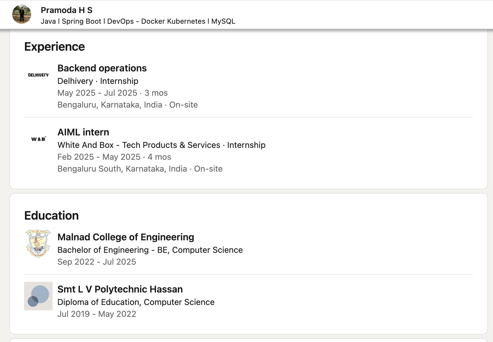Pramodha H S LinkedIn Screenshot